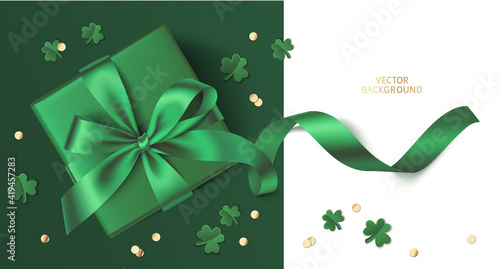St Patrick's day sale design template. Green gift box with clover leaves and golden coin confetti on green background. Realistic holiday elements. Vector stock illustration.