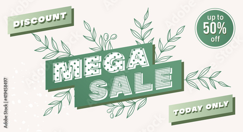 Spring green mega sale, Super finale special offer, horizontal banner nature background. Abstract discount design template sale layout poster. Mega sale vector illustration. Promotion modern flyer.