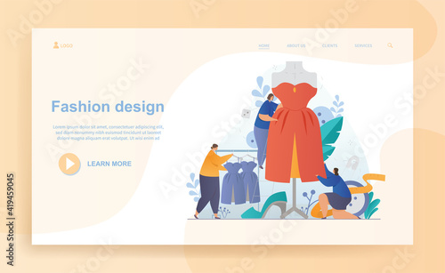 Female characters are working on fashion design as a team. Group of designers creating clothes together. Website, web page, landing page template. Flat cartoon vector illustration