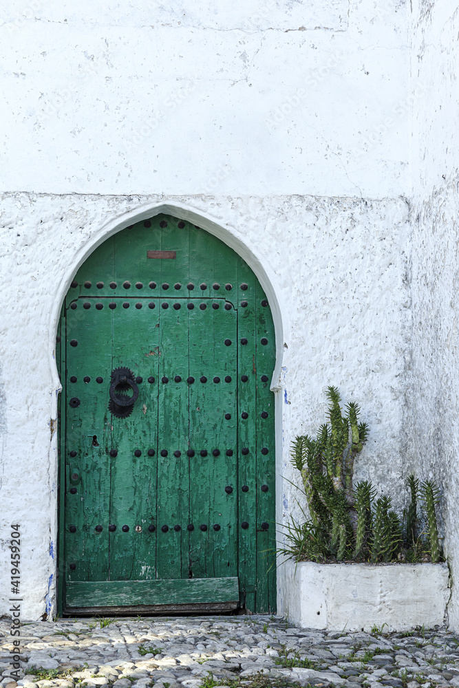 Details of arabic architecture in the old medina of Tangier.Morocco.Windows, doors, houses and streets
