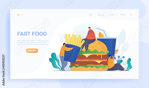 Male and female characters are eating fast food. Group of people suffering from bulemia eating burger and french fries. Website, web page, landing page template. Flat cartoon vector illustration