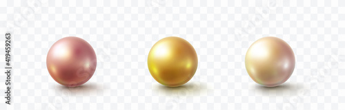Pearl glossy beads isolated on transparent background. Gold, golden rose, perl balls. Vector 3d metal sphere, shiny capsules