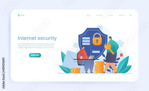 Male and female characters are working on internet security as a team. Man and woman provide online security with shield. Website, web page, landing page template. Flat cartoon vector illustration