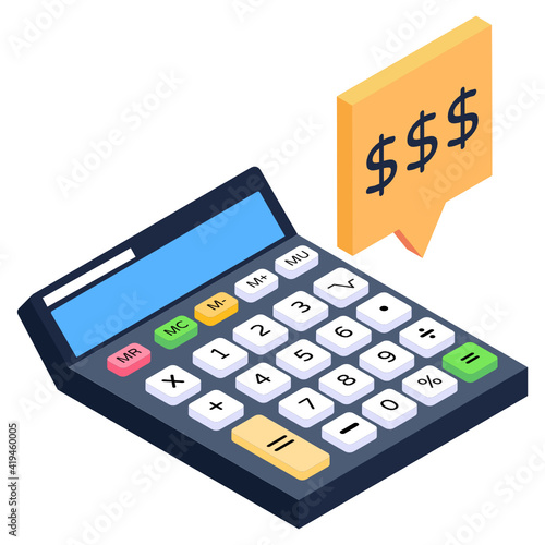 
Calculator in isometric style icon, adding machine 

