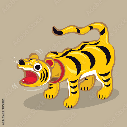 Cartoon illustration of a Japanese folk toy - Head shaking paper craft tiger (Tora Hariko). It is believed to bring good fortune to children with conveying health and strength. © francoimage