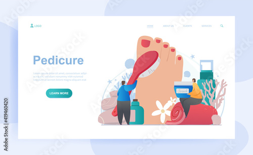 Female characters are doing pedicure. People cleaning and painting fingernails on big woman foot. Cosmetics for pedicure. Website, web page, landing page template. Flat cartoon vector illustration