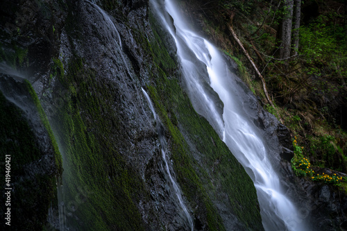 Long time exposure of water flowing down rocks.