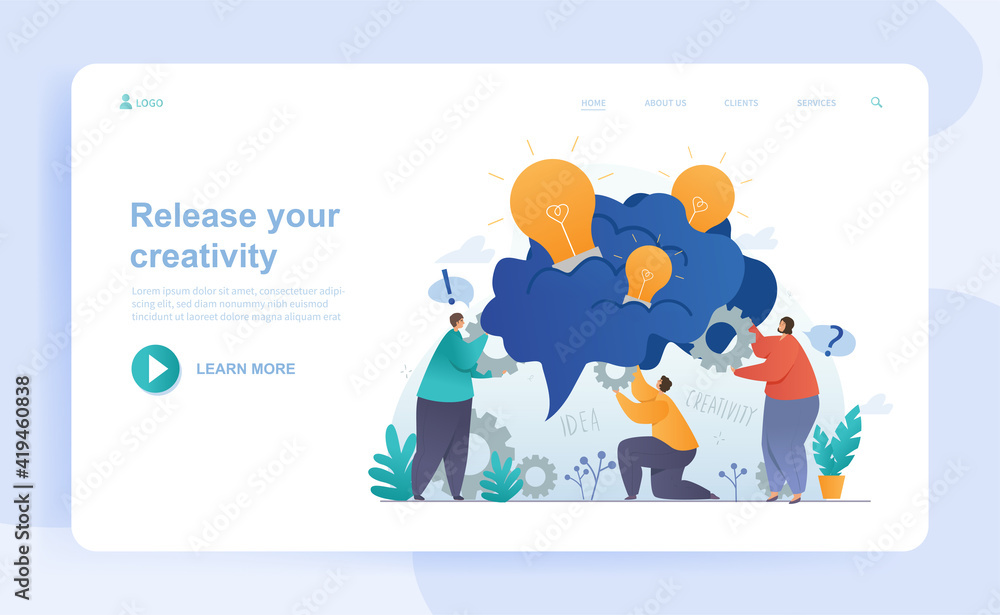 Male and female characters releasing creativity together into one project. Group of people creating project with lightbulbs. Website, web page, landing page template. Flat cartoon vector illustration