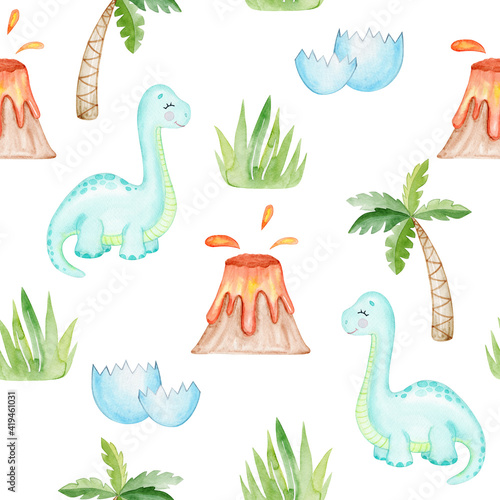 watercolor blue baby dinosaur and volcano seamless pattern on white background. For baby fabric  textile  wrapping  scrapbook   wallpaper