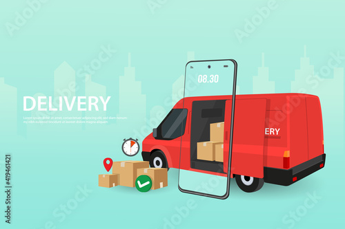 Delivery Car. Concept online city, tracking, box, service. Vector illustration. photo