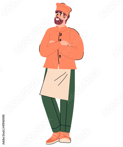 Cartoon chief cook in uniform and hat standing smiling, flat vector illustration isolated on white background. Friendly smiling cook or kitchener male character.