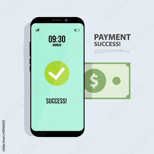 Online money transfer payment success illustration vector. Payment by money using smartphone, approved payment.