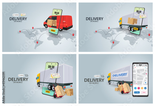 Set Bundle Online delivery service concept, online order tracking,Delivery home and office. City logistics. Warehouse, truck, forklift, on mobile. Vector illustration
