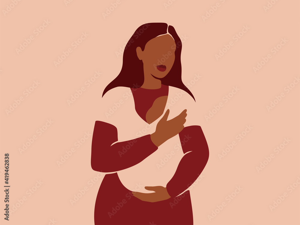 Young mother holds her Newborn Baby in Sling with love and care. African American woman and her infant child together. Happy Mother's Day concept. Paper cut vector illustration