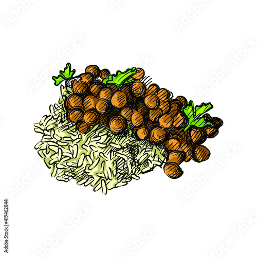 Colorful watercolor Hand drawn sketch of Indian Paneer Butter Masala on a white background. Indian cuisine. Food. Meals.	
