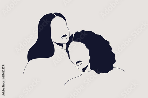 Two women of different ethnicities and cultures together. Strong and brave girls support each other and the feminist movement. Sisterhood and females friendship. Vector illustration