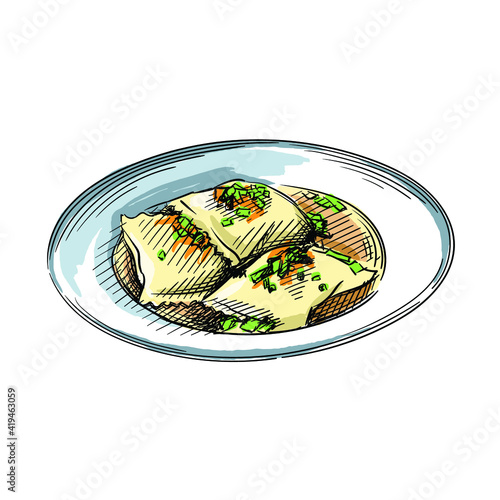 Colorful watercolor Hand drawn sketch of German German Maultaschen Dumplings on a white background. German cuisine. Food. Meals.	
