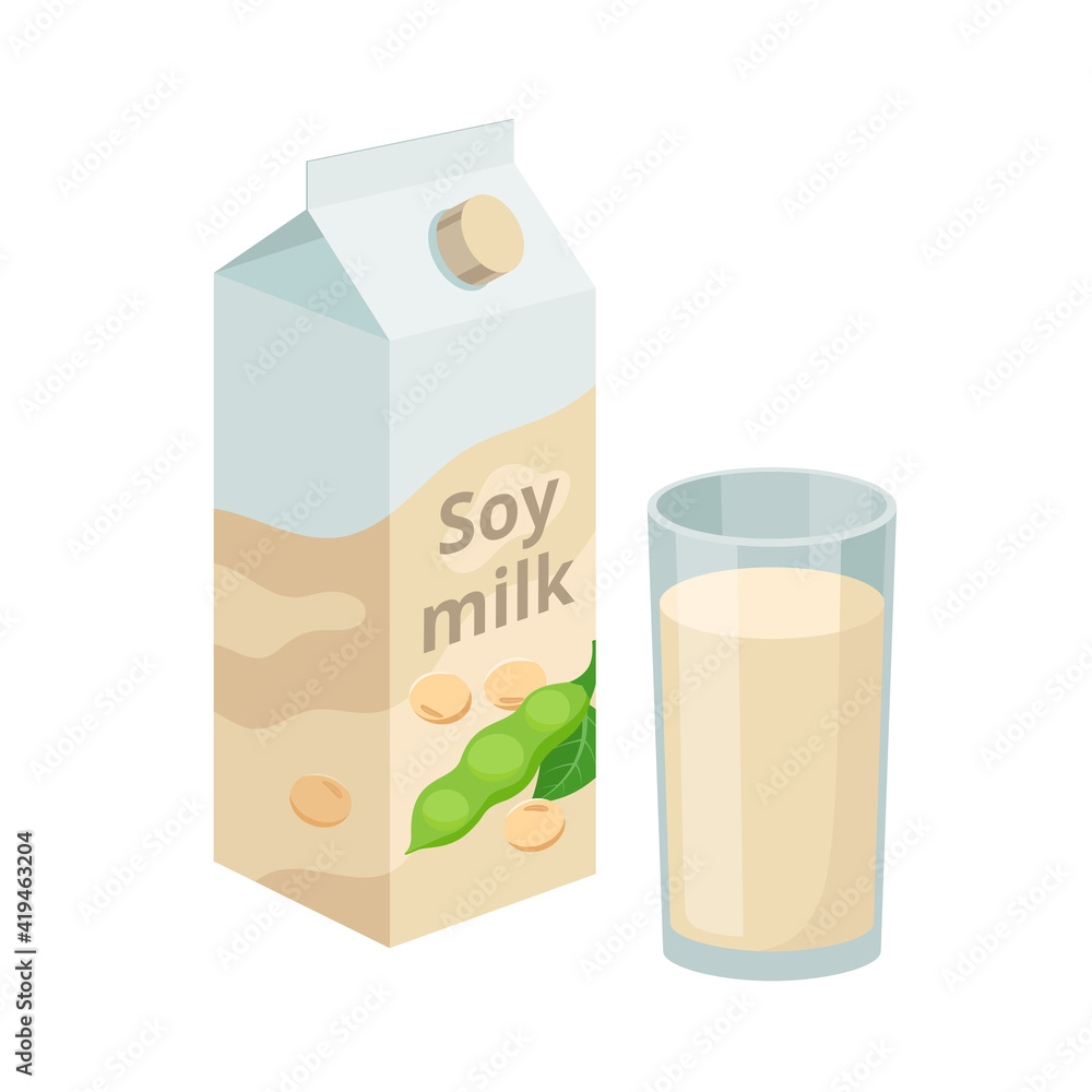 Soy milk package and soy milk in glass. Soybean product - vector illustration isolated on white background. Soy milk package and soy milk in glass. Soybean product - vector illustration isolated on white background.