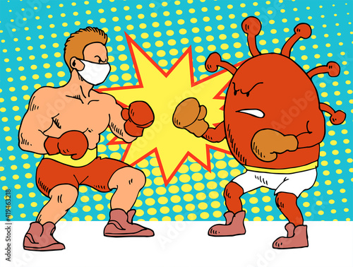 Human fight against the covid-19 virus. Cartoon male boxer fighting against coronavirus wearing boxing gloves. A medical mask on the face. Vector illustration comic pop art photo