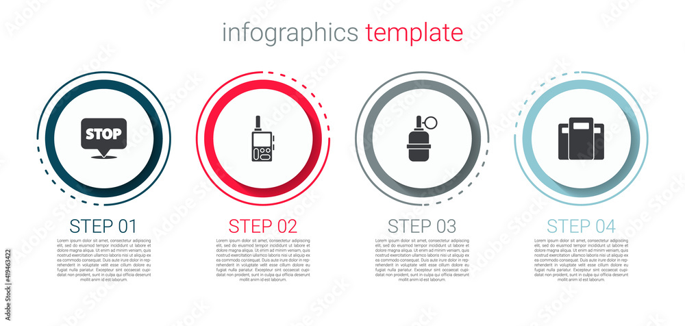 Set Protest, Walkie talkie, Hand grenade and Police assault shield. Business infographic template. Vector. Set Protest, Walkie talkie, Hand grenade and Police assault shield. Business infographic template. Vector.