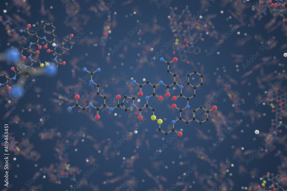 Desmopressin molecule. Ball-and-stick molecular model. Chemistry related 3d rendering Desmopressin molecule. Ball-and-stick molecular model. Chemistry related 3d rendering