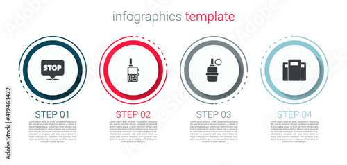 Set Protest, Walkie talkie, Hand grenade and Police assault shield. Business infographic template. Vector.