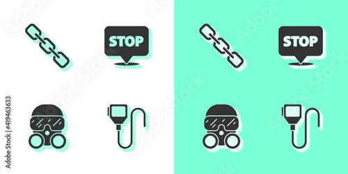 Set Walkie talkie, Chain link, Gas mask and Protest icon. Vector.