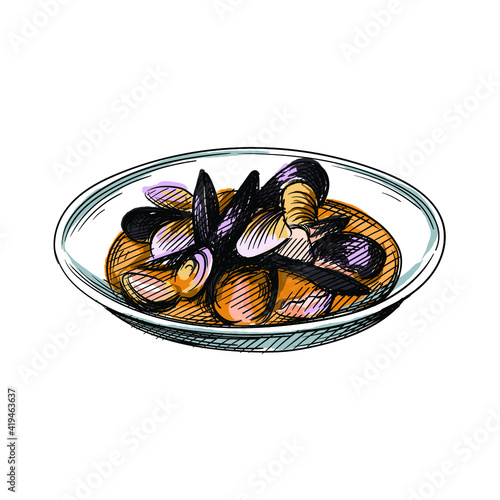 Colorful watercolor Hand drawn sketch of French Bouillabaisse soup on a white background. French cuisine. Food. Meals. Seafood soup	
