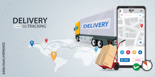 Logistic cargo mobile courier or freight delivery service transportation vector, flat cartoon truck automobile with warehouse parcel packages and cellphone or phone city map pin track