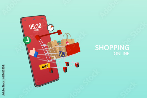 shopping cart package by trolley on mobile phone  Order package in E-commerce by app.