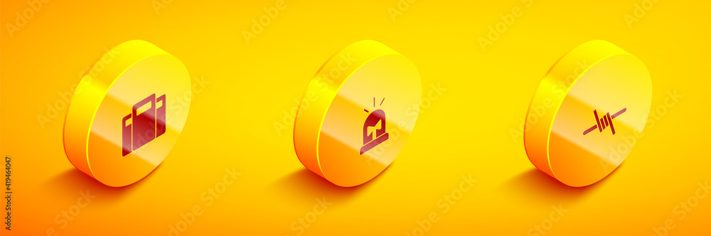 Set Isometric Police assault shield, Flasher siren and Barbed wire icon. Vector. Set Isometric Police assault shield, Flasher siren and Barbed wire icon. Vector.