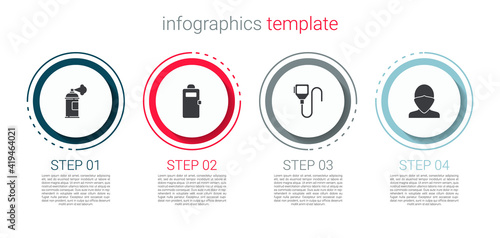 Set Paint spray can, Police assault shield, Walkie talkie and Vandal. Business infographic template. Vector.