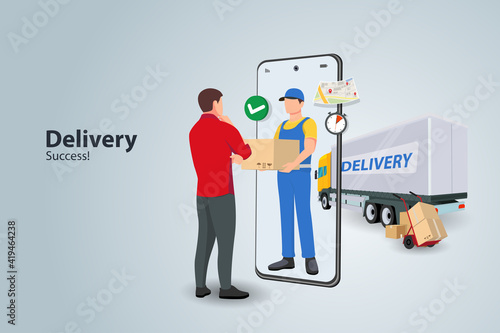 delivery boy flat design vector concept. guy courier stays with the box near the door that looks like a smartphone and gives it to the customer.