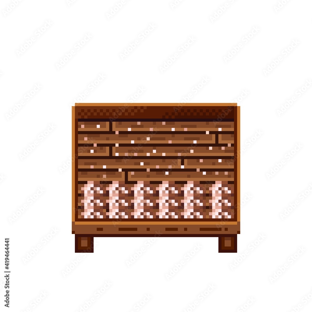 Vegetable shop pixel art. Mushrooms in a wooden crate. Mushrooms, food pixel art icon isolated on white background. Mushroom stall. Showcase with vegetable waste. Vector illustration. Vegetable shop pixel art. Mushrooms in a wooden crate. Mushrooms, food pixel art icon isolated on white background. Mushroom stall. Showcase with vegetable waste. Vector illustration.