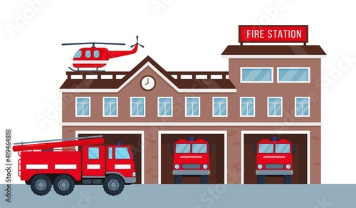Fire station building with fire engine vehicle.