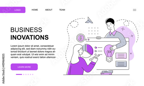 Male and female characters are working on business innovations together. Young man and woman creating innovative products. Website, web page, landing page template. Flat cartoon vector illustration