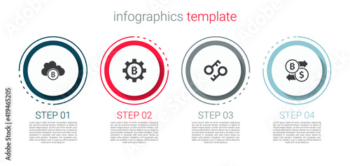 Set Cryptocurrency cloud mining, coin Bitcoin, key and exchange. Business infographic template. Vector.