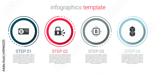 Set Credit card with bitcoin, Lock, CPU mining farm and Blockchain technology. Business infographic template. Vector.