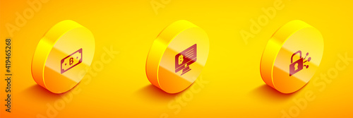 Set Isometric Cryptocurrency bitcoin, Mining from monitor and Lock with icon. Vector.