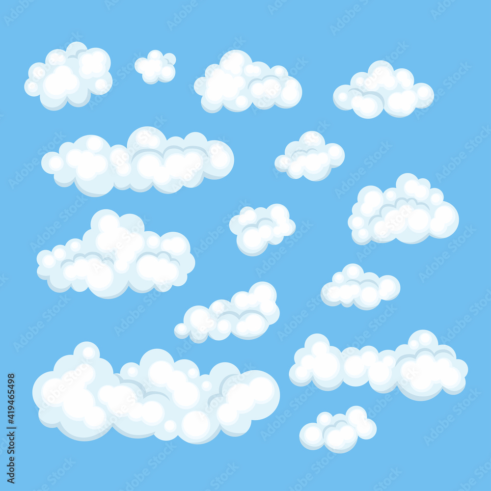 Vector cartoon clouds on blue background. Set of clouds of different shapes. Simple flat style.