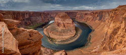 Horshoe Bend on the Colorado River near Paige Arizona. Panormaic view of the bend and river
