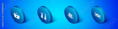 Set Isometric Ushanka, Medovik, Russian ruble banknote and Chess icon. Vector.