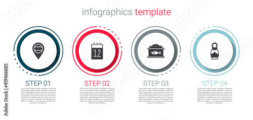 Set Location Russia, Calendar 12 june, Tin can with caviar and Russian doll matryoshka. Business infographic template. Vector.