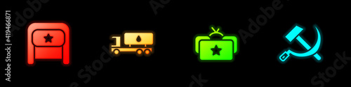 Set Ushanka, Tanker truck, and Hammer and sickle USSR icon. Vector.