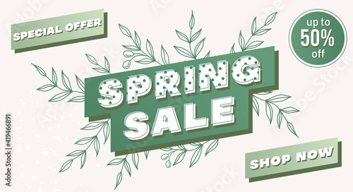 Spring green sale, Super big finale special offer, horizontal banner nature background. Abstract discount design template sale layout poster. Mega sale vector illustration. Promotion modern flyer.