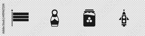 Set National Russia flag, Russian doll matryoshka, Jar of honey and Rocket ship icon. Vector.
