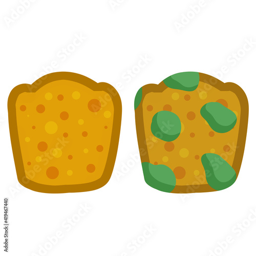 Bread with mold. Incorrect storage of the product. Fungus and rot. Sliced loaf for a sandwich. Flat illustration