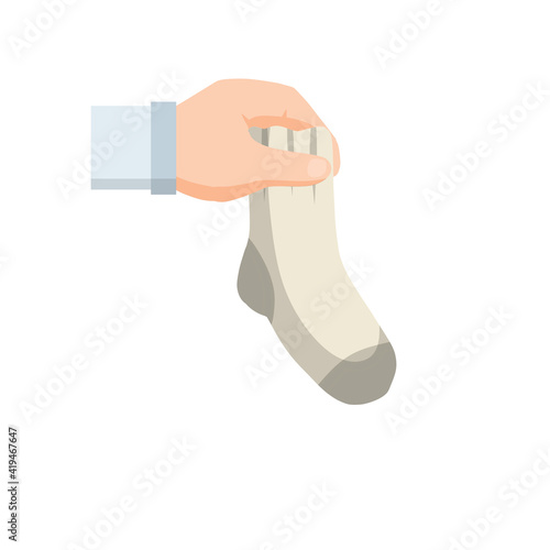 Hands holding dirty sock. Cleaning and laundry. Household chores. Flat cartoon illustration. Smelly clothes