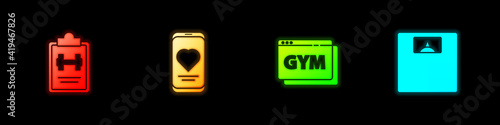 Set Sport training program, Mobile with heart rate, Online fitness and and Bathroom scales icon. Vector.