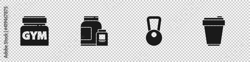 Set Sports nutrition, , Kettlebell and Fitness shaker icon. Vector.